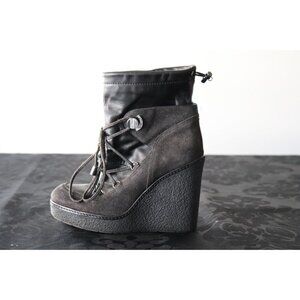 Moncler Women's Size 37 Black Wedge Boots Suede Lace Up Mid-Calf Round Toe Shoes